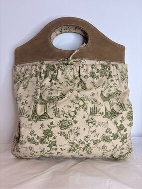 Suede Trim Beige & Green Floral Tote Bag